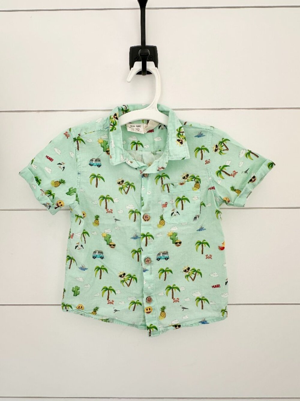 Zara Baby Boy Mint Green Tropical Hawaiian Emoji Button Down Shirt - Size 2-3